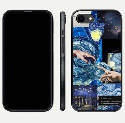 Aesthetic Vando Hands Glass Case for iPhone 16 Pro front and back layout highlighting camera cutout and premium glass shine