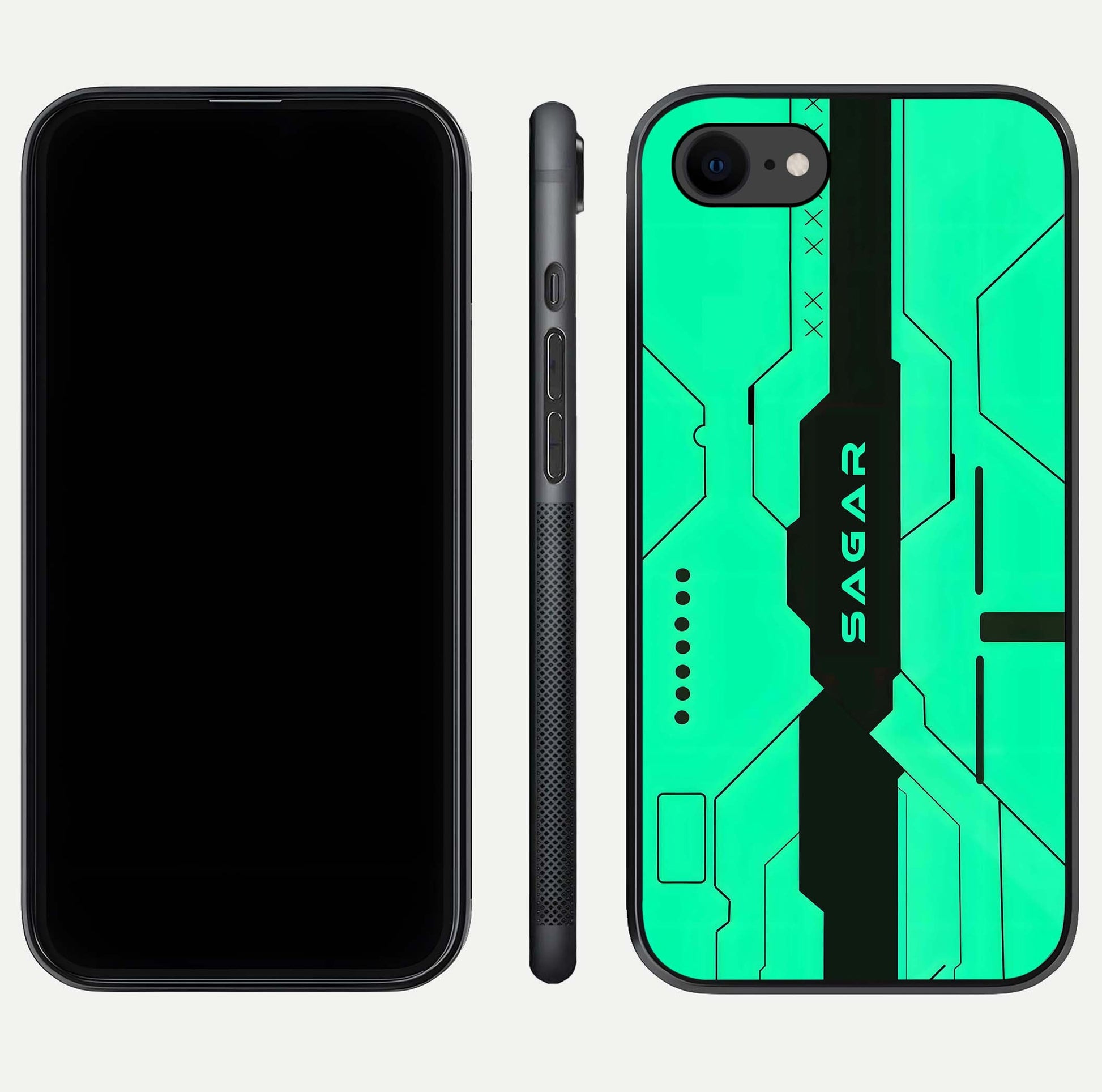 Aqua Tech CYBERPUNK Custom Name Glass Case for iPhone 16 Pro front and back display showing sleek tech pattern and shine