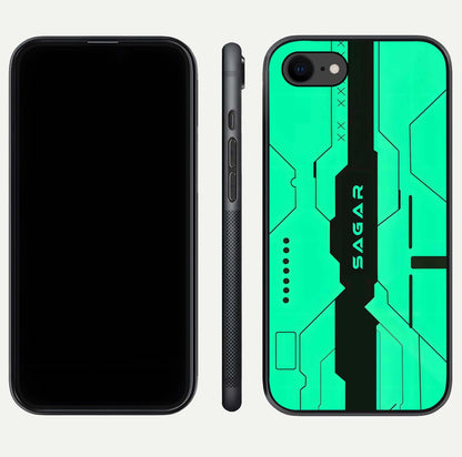 Aqua Tech CYBERPUNK Custom Name Glass Case for iPhone 16 Pro front and back display showing sleek tech pattern and shine