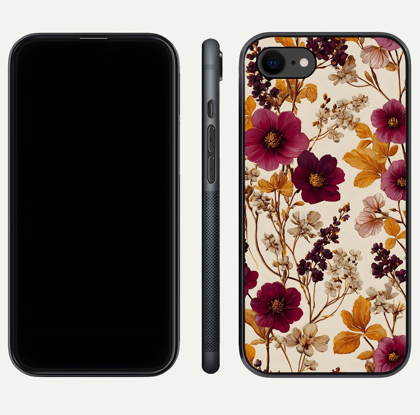 Autumn Wine Bloom Glass Case for iPhone 16 Pro front and back layout showing autumn print and HD glass clarity