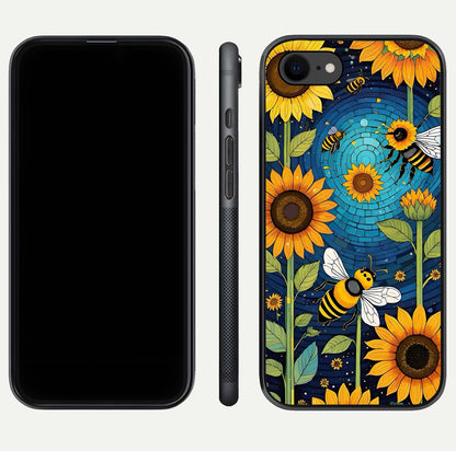 Bees & Sunflowers Glass Case for iPhone 16 Pro front-and-back layout highlighting nature-inspired artwork and protective edge