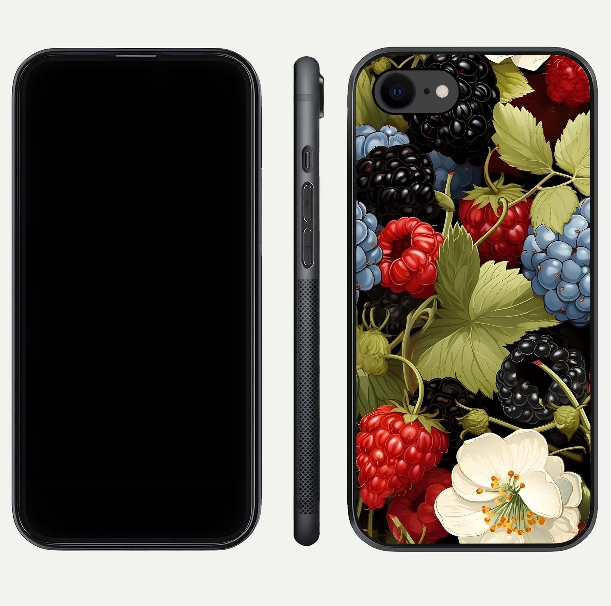 Berry Bloom Charm Glass Case for iPhone 8 front-and-back layout showing floral pattern continuity and smooth glass shine