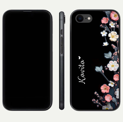 Black Elegance Floral Custom Name Glass Case for iPhone 8 dual-view layout displaying name placement and gloss finish