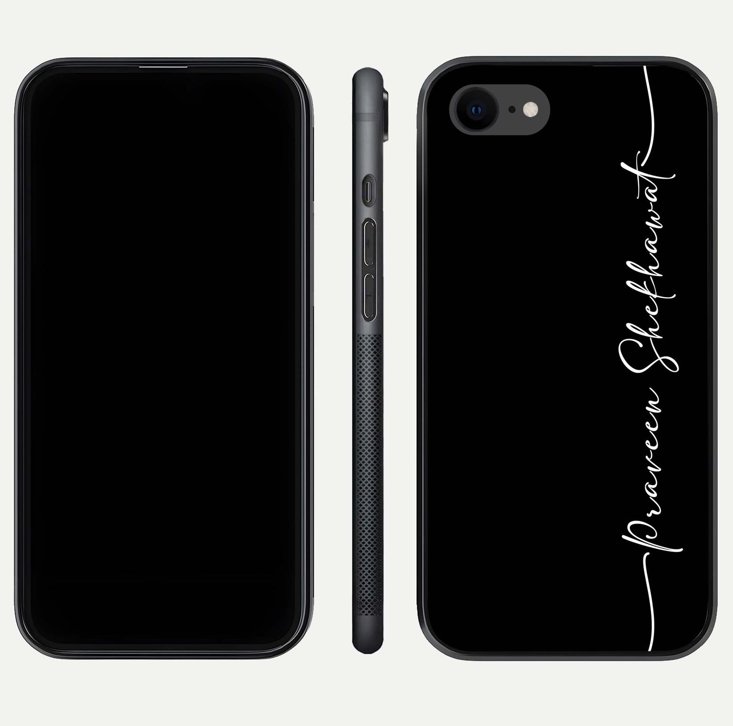 Black Tune Custom Name Glass Case for iPhone 8 front-and-back layout showing personalized name zone and edges