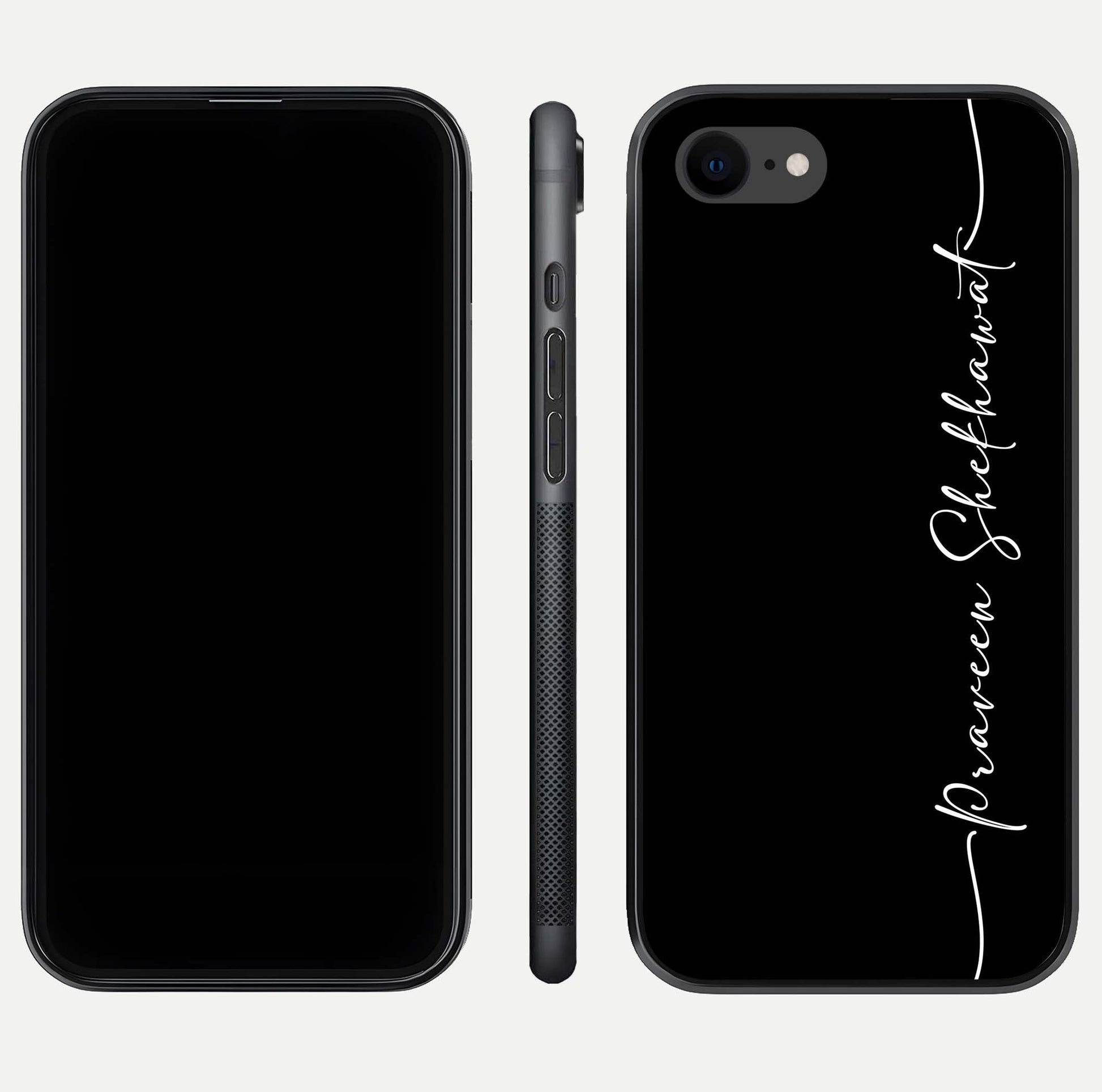 Black Tune Custom Name Glass Case for iPhone 8 front-and-back layout showing personalized name zone and edges