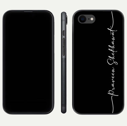 Black Tune Custom Name Glass Case for iPhone 8 front-and-back layout showing personalized name zone and edges