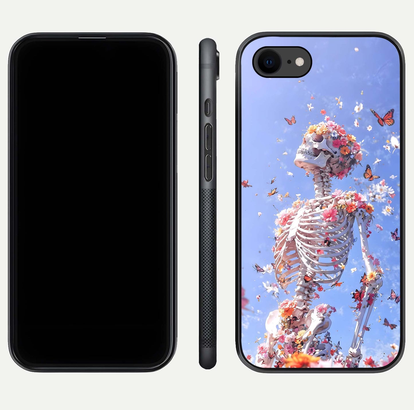 Bloom Beyond Bones Glass Case for iPhone 8 dual-view layout showing creative aesthetic and edge design
