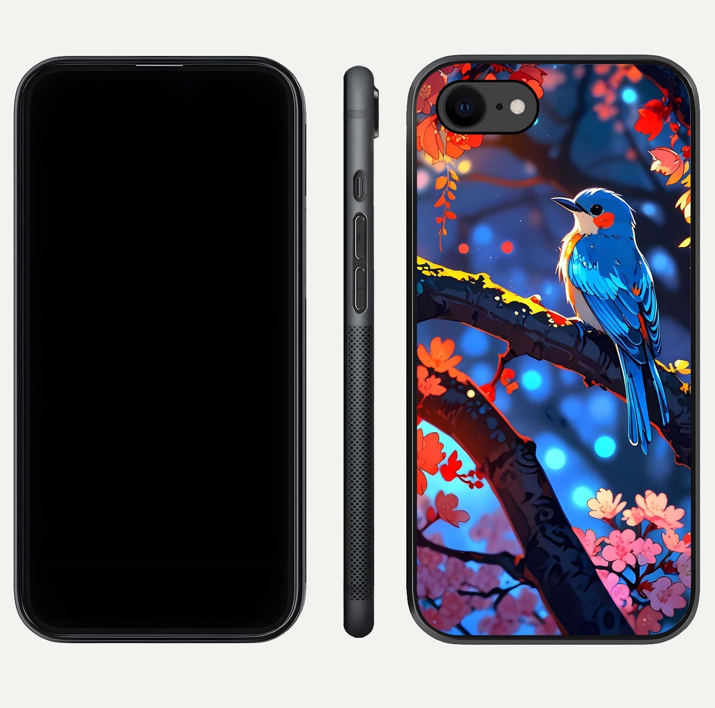 Blooming Spendor Bird Glass Case for iPhone 8 front-and-back view showing nature print and protective edge