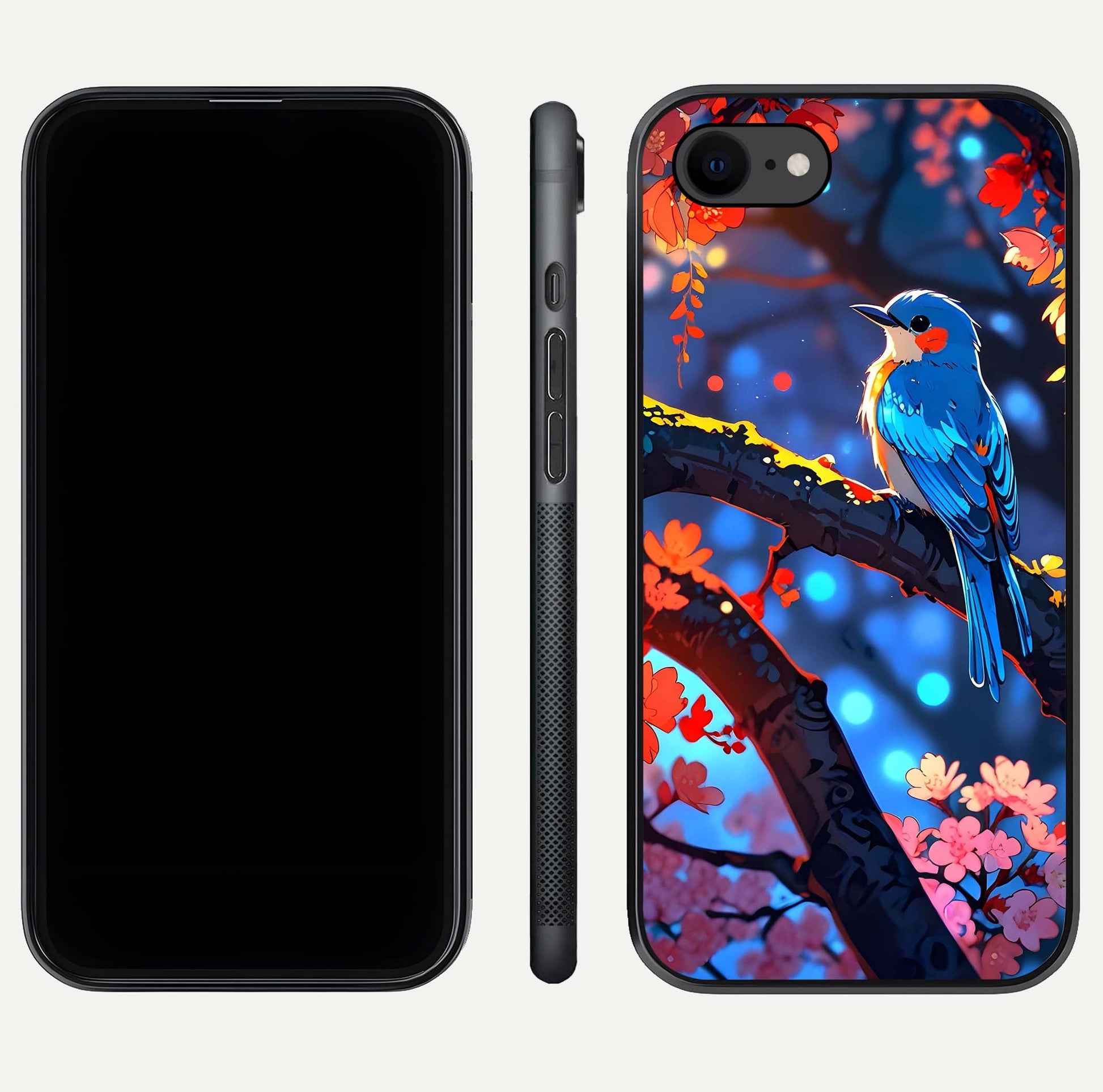Blooming Spendor Bird Glass Case for iPhone 8 front-and-back view showing nature print and protective edge