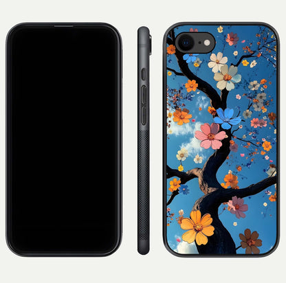 Blossom Dream Sky Glass Case for iPhone 8 front-and-back layout showing floral print and premium edge gloss