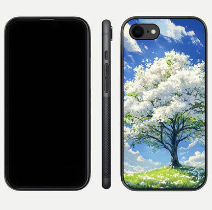 Blossom Sky Serenity Glass Case for iPhone 8 dual-view layout showing pastel hues and soft protective edges
