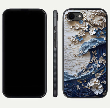Blossom Wave Art Glass Case for iPhone 8 front-and-back layout showing curved design and glass clarity