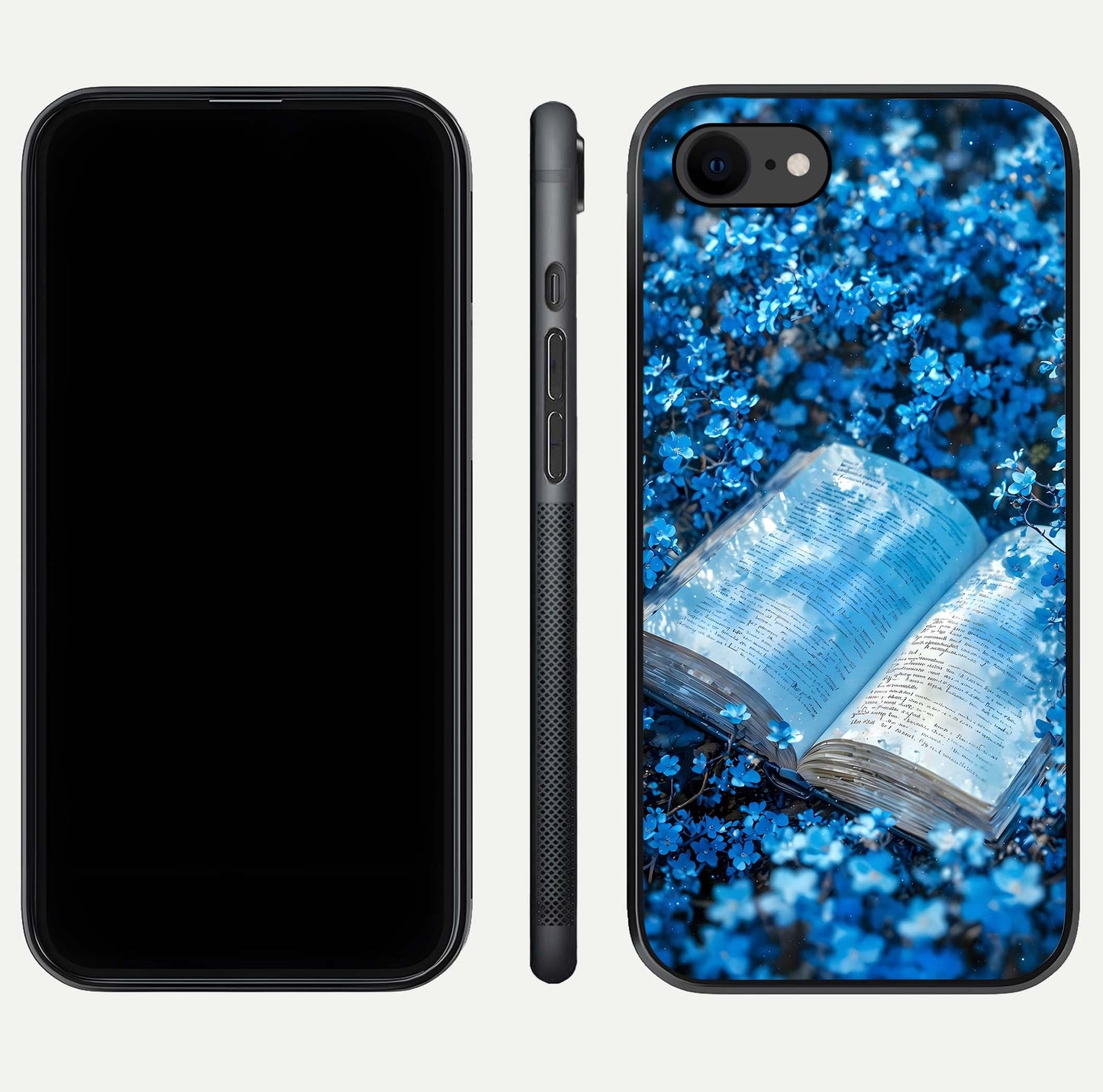Blue Bloom Tales Glass Case for iPhone 8 dual-view layout highlighting shine, floral print, and smooth edges