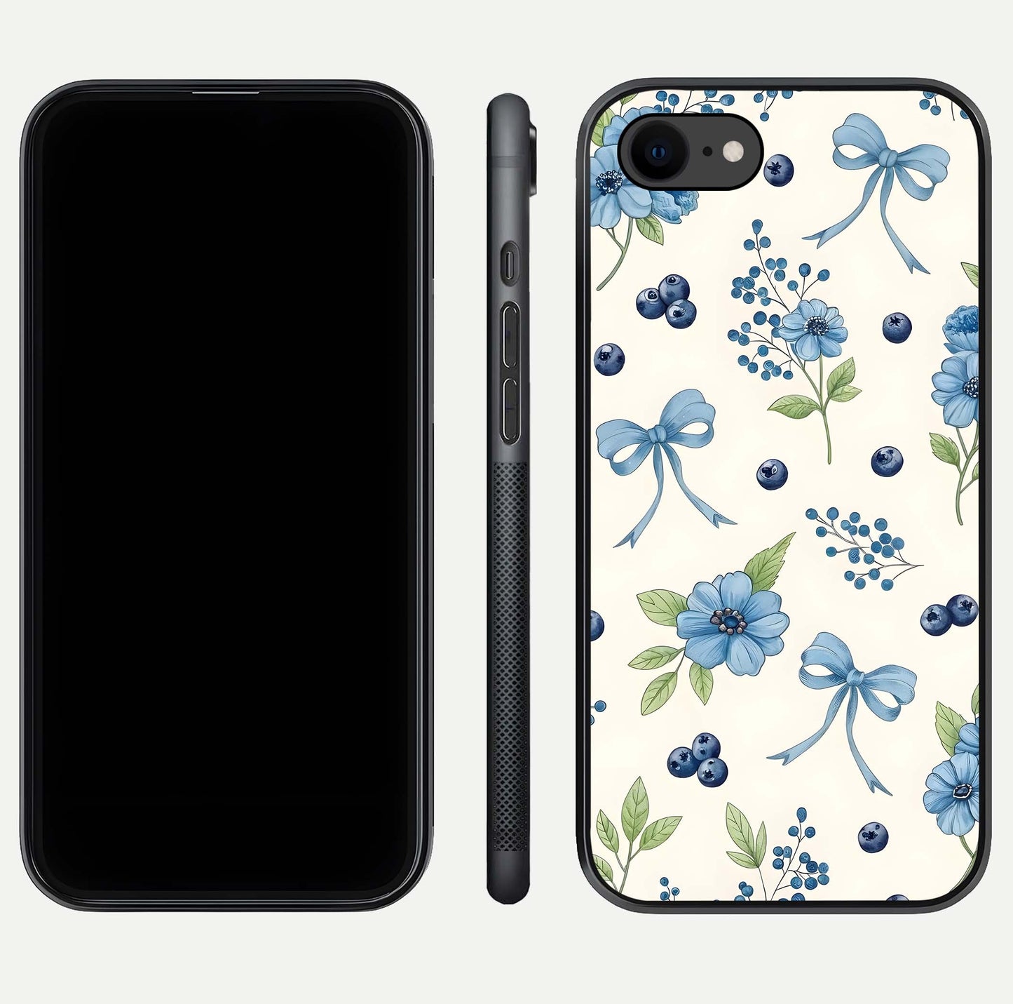 Blue Flower & Bow Glass Case for iPhone 8 dual-view layout showing balanced pattern and smooth edges
