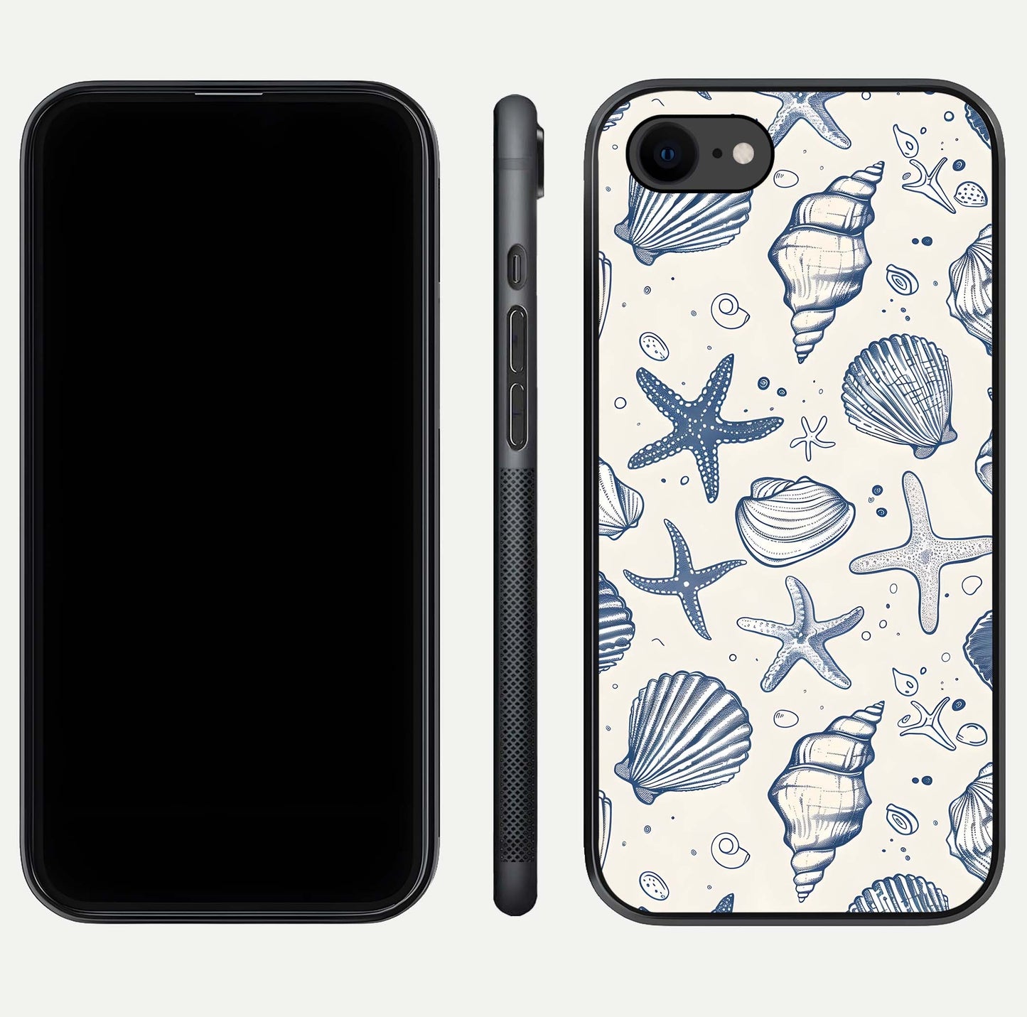 Blue Ocean Outline Glass Case for iPhone 8 front-and-back layout showing minimal wave design and HD gloss