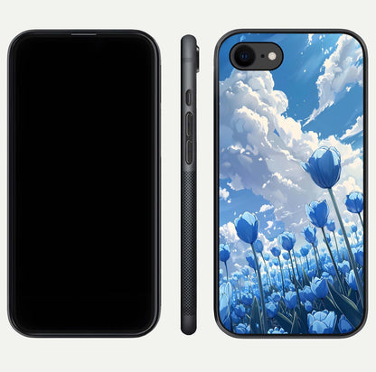 Blue Tulip Clouds Glass Case for iPhone 8 front-and-back layout showcasing floral detail and polished edges