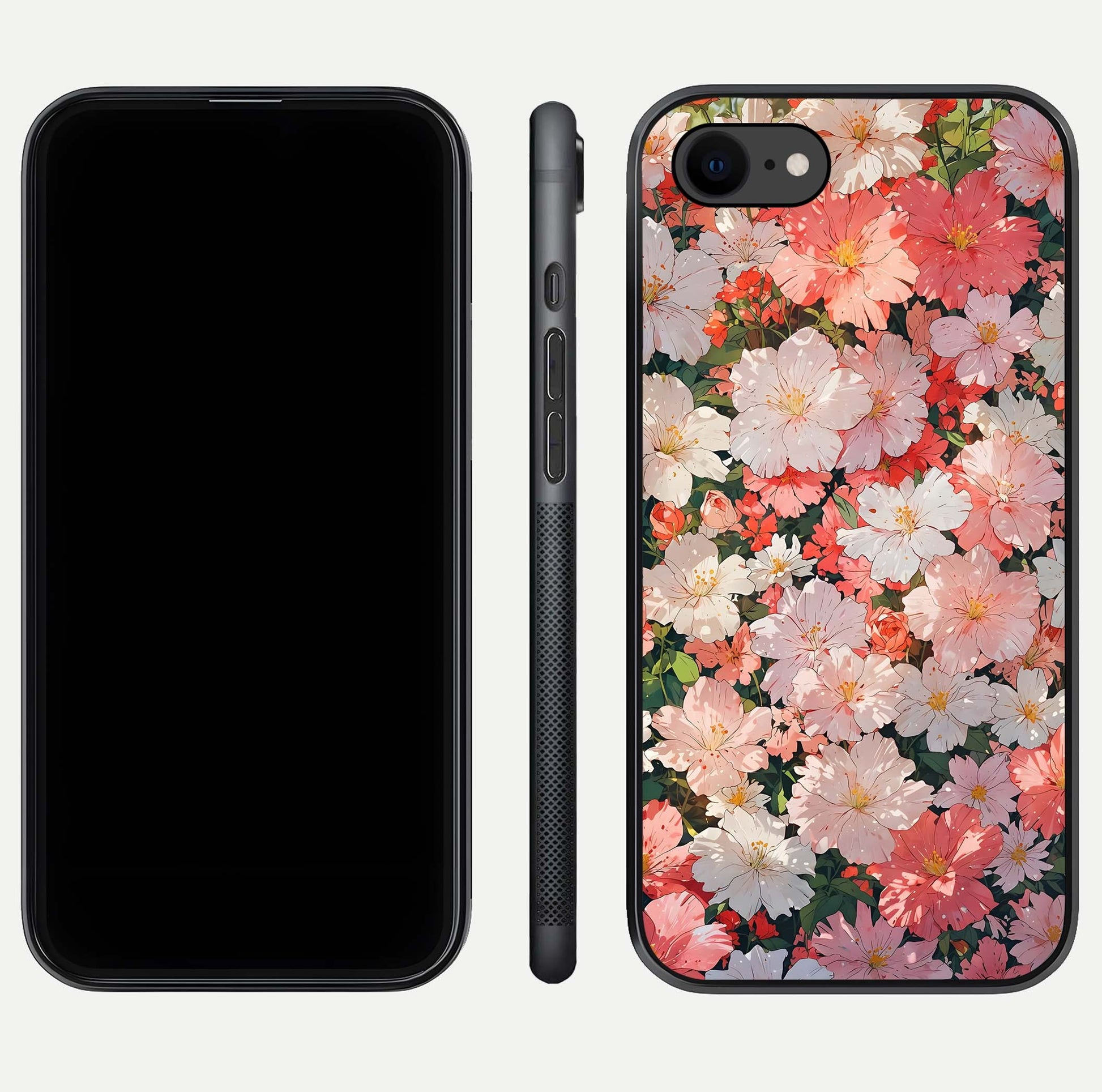 Blush Bloom Field Glass Case for iPhone 8 dual-view layout showing bloom arrangement and protective frame