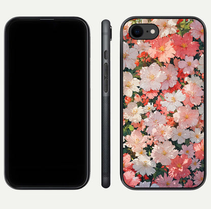 Blush Bloom Field Glass Case for iPhone 8 dual-view layout showing bloom arrangement and protective frame