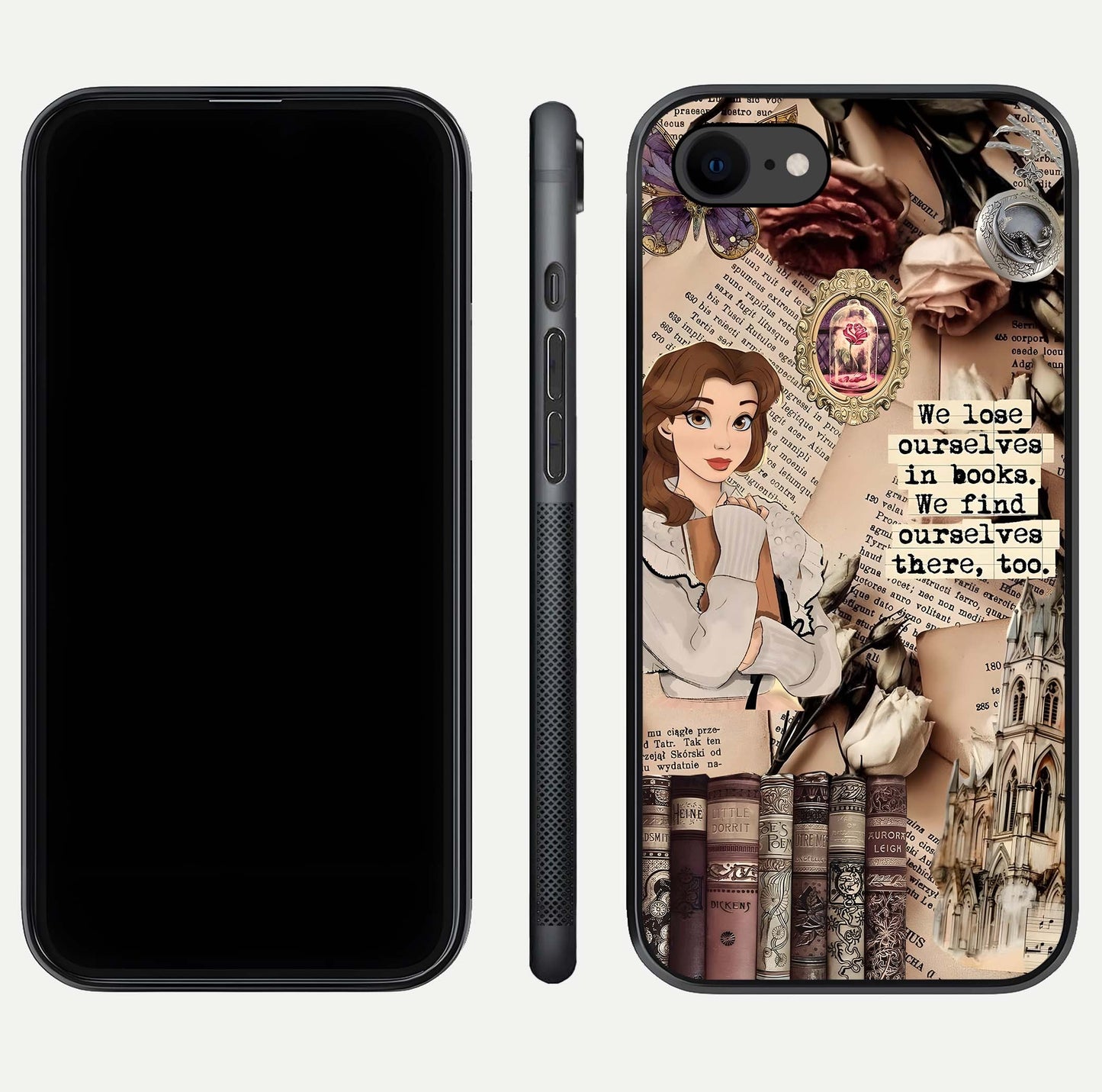 Bookish Dream World Glass Case for iPhone 8 dual-view layout displaying colorful fantasy print and edge finish