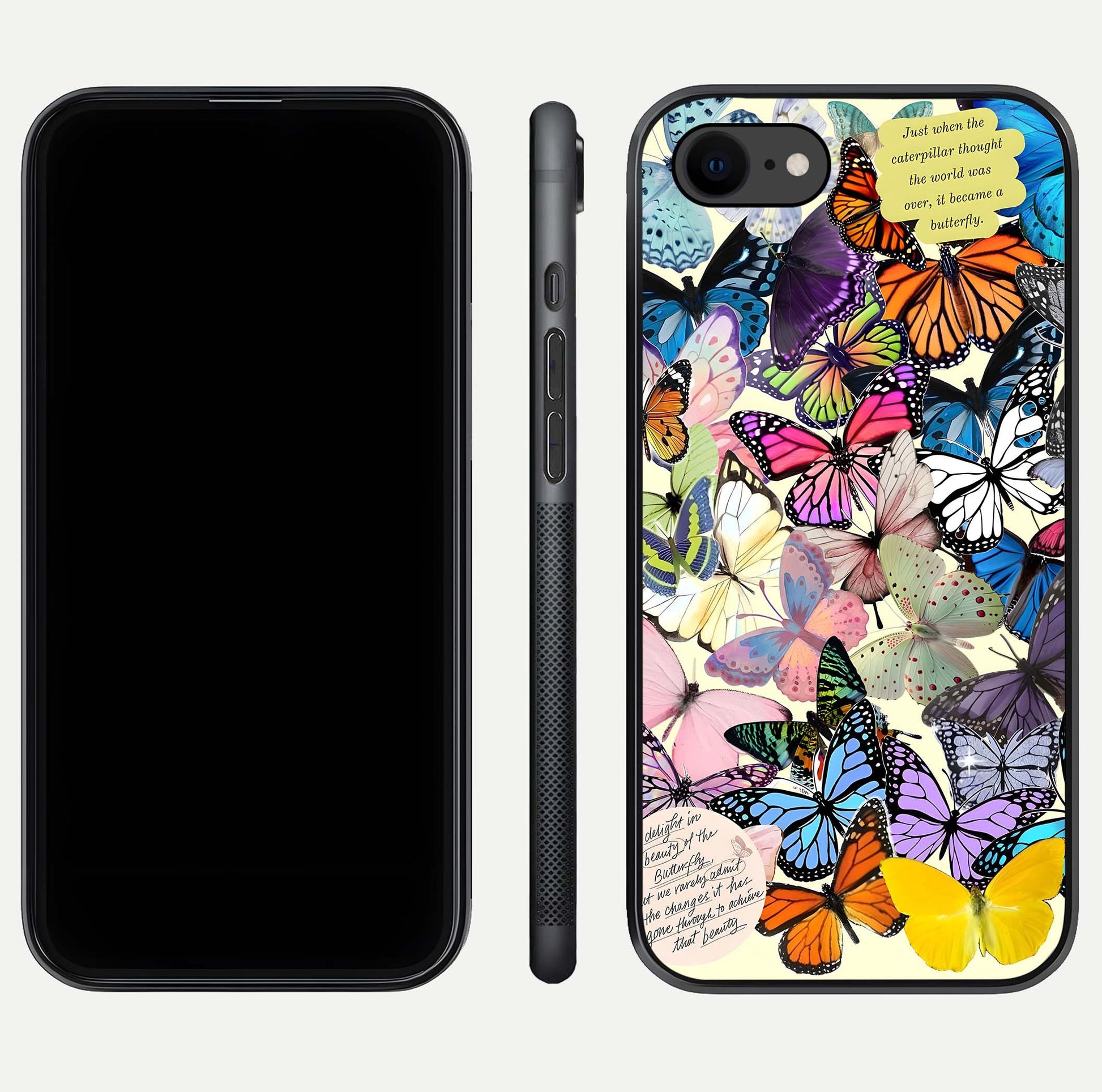 Butterflies Petal Dream Glass Case for iPhone 8 front-and-back layout showcasing floral spread and reflection shine