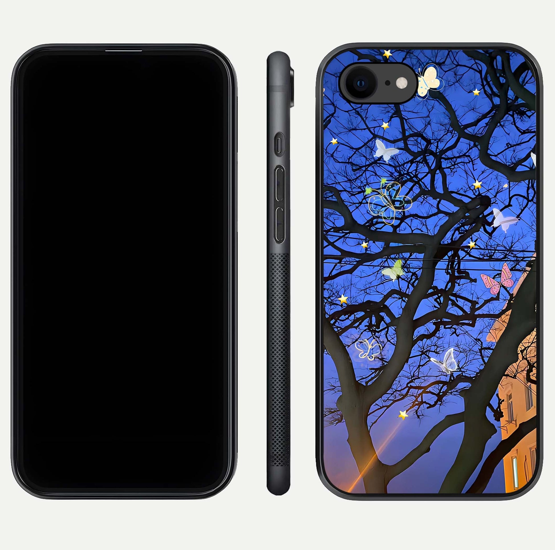 Butterfly Night Magic Glass Case for iPhone 8 dual-view layout displaying balanced art and edge clarity