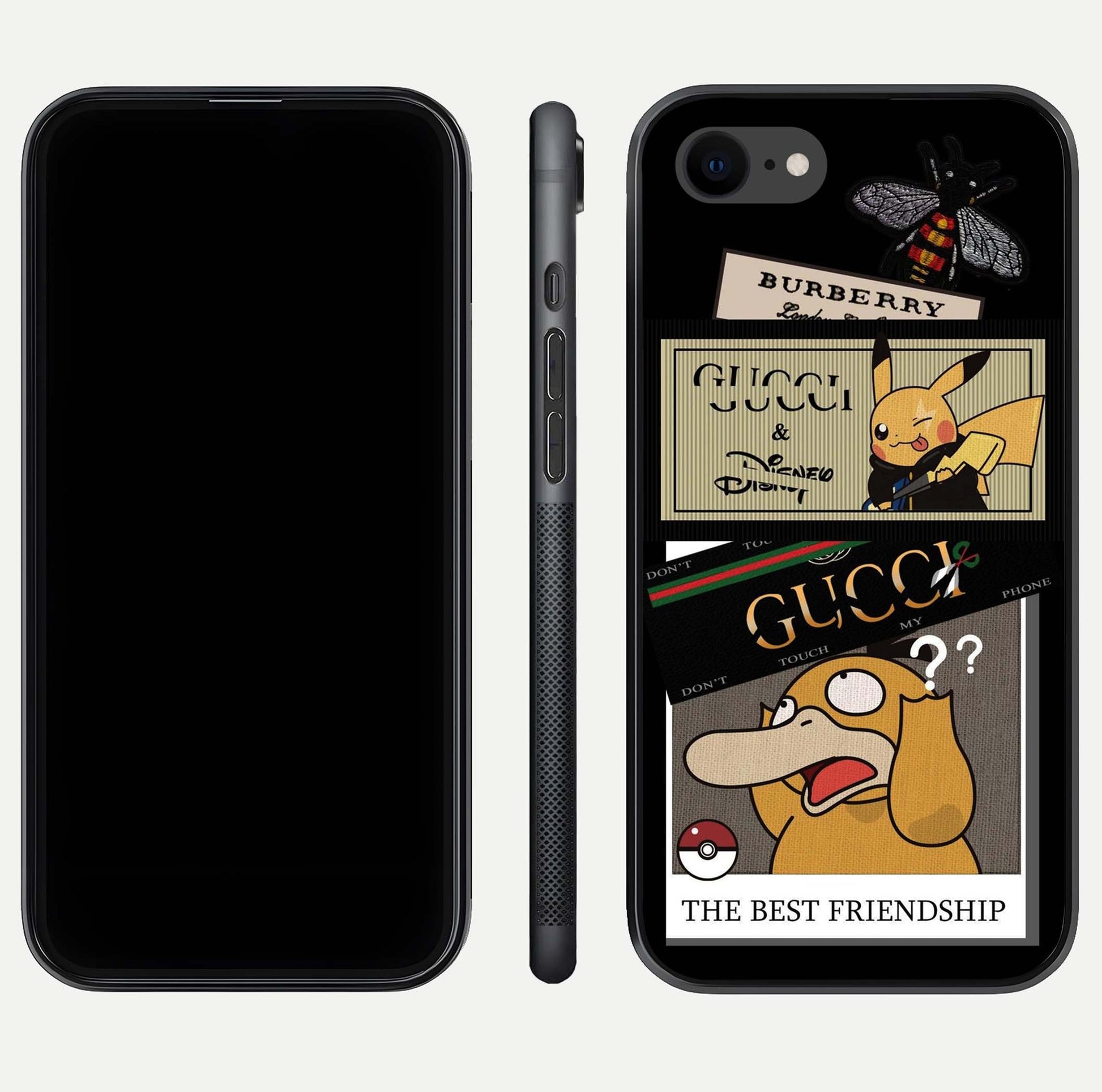 Cartoon Brand Play Mashup Glass Case for iPhone 8 front and back view layout highlighting multi-logo artwork and curved edges