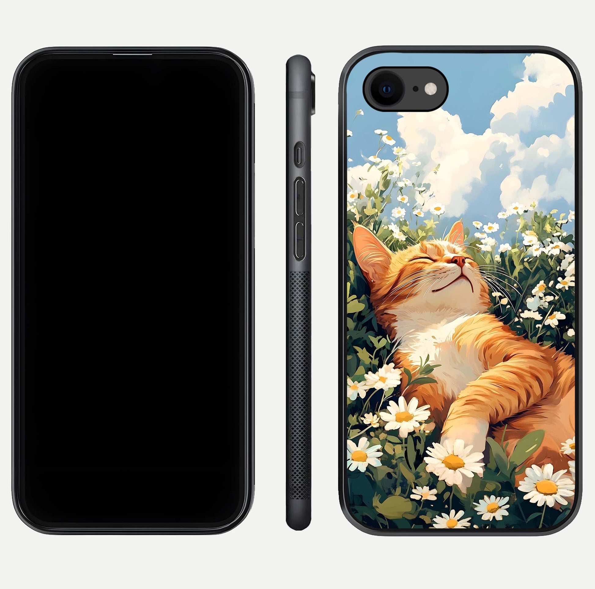Cat & Flowers View Glass Case for iPhone 8 front-and-back layout showing floral balance and gloss surface