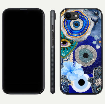 Celestial Blue Vision Glass Case for iPhone 8 dual-view layout showing celestial gradient and curved edges