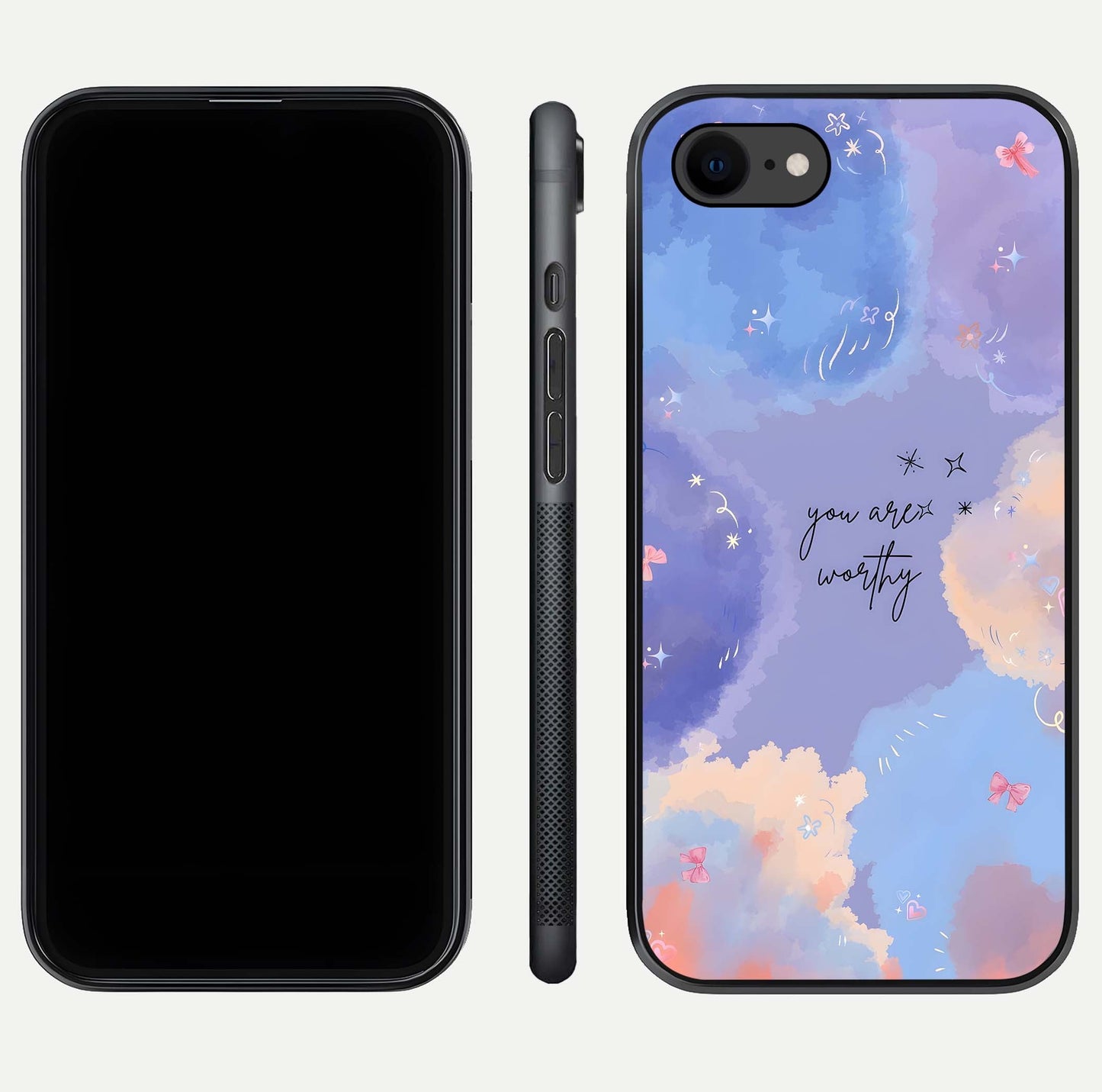 Celestial Cloud Magic Glass Case for iPhone 8 dual-view layout showcasing soft color transition and gloss shine