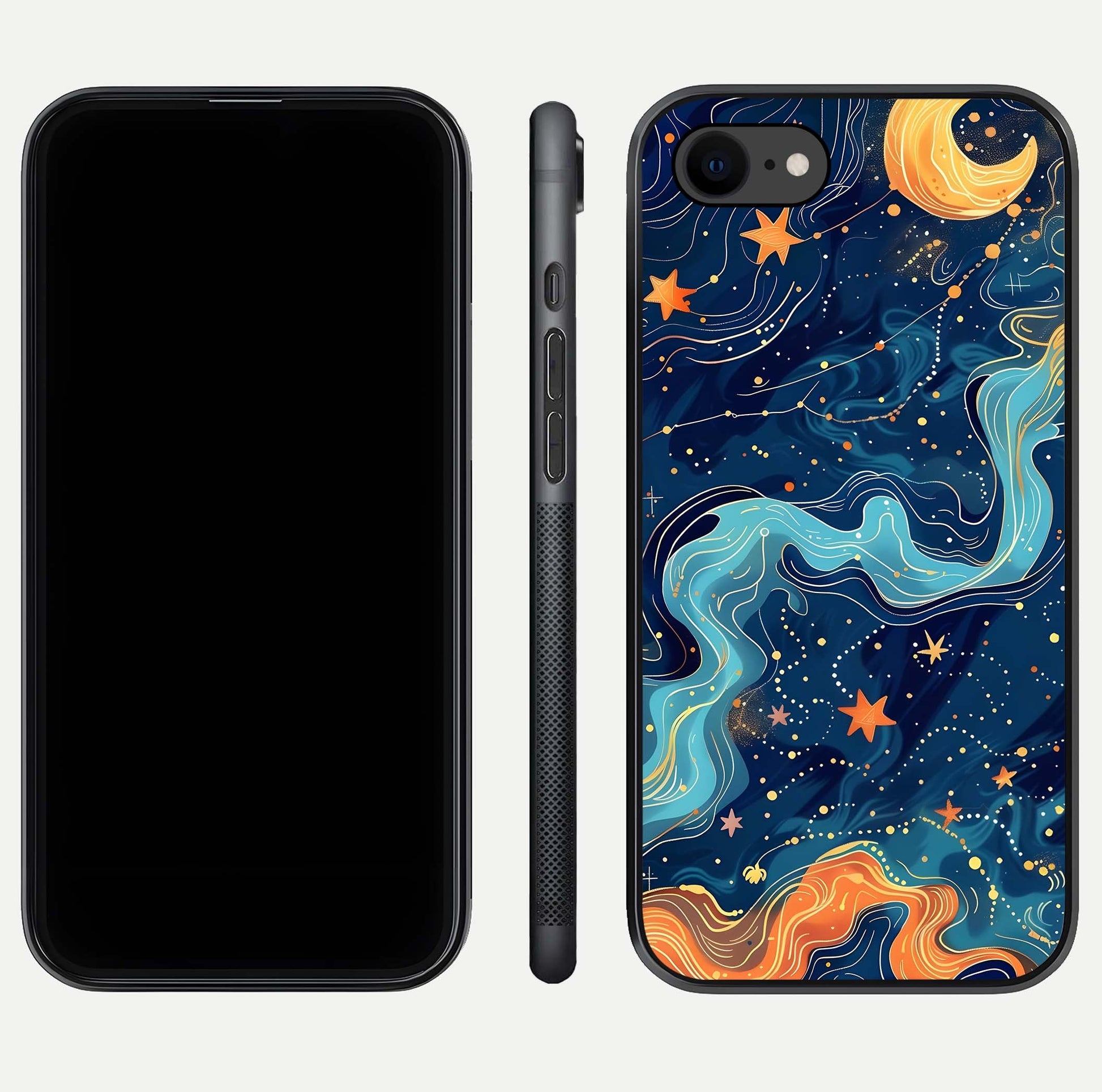 Celestial Dream Flow Glass Case for iPhone 8 dual-view layout showing abstract flow and curved glass