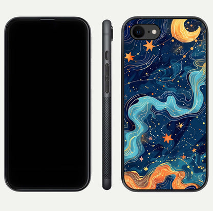 Celestial Dream Flow Glass Case for iPhone 8 dual-view layout showing abstract flow and curved glass