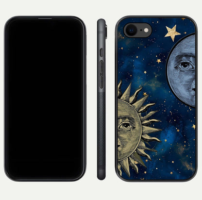 Celestial Moon With Sun Glass Case for iPhone 8 dual-view layout showing luminous pattern and curved edges