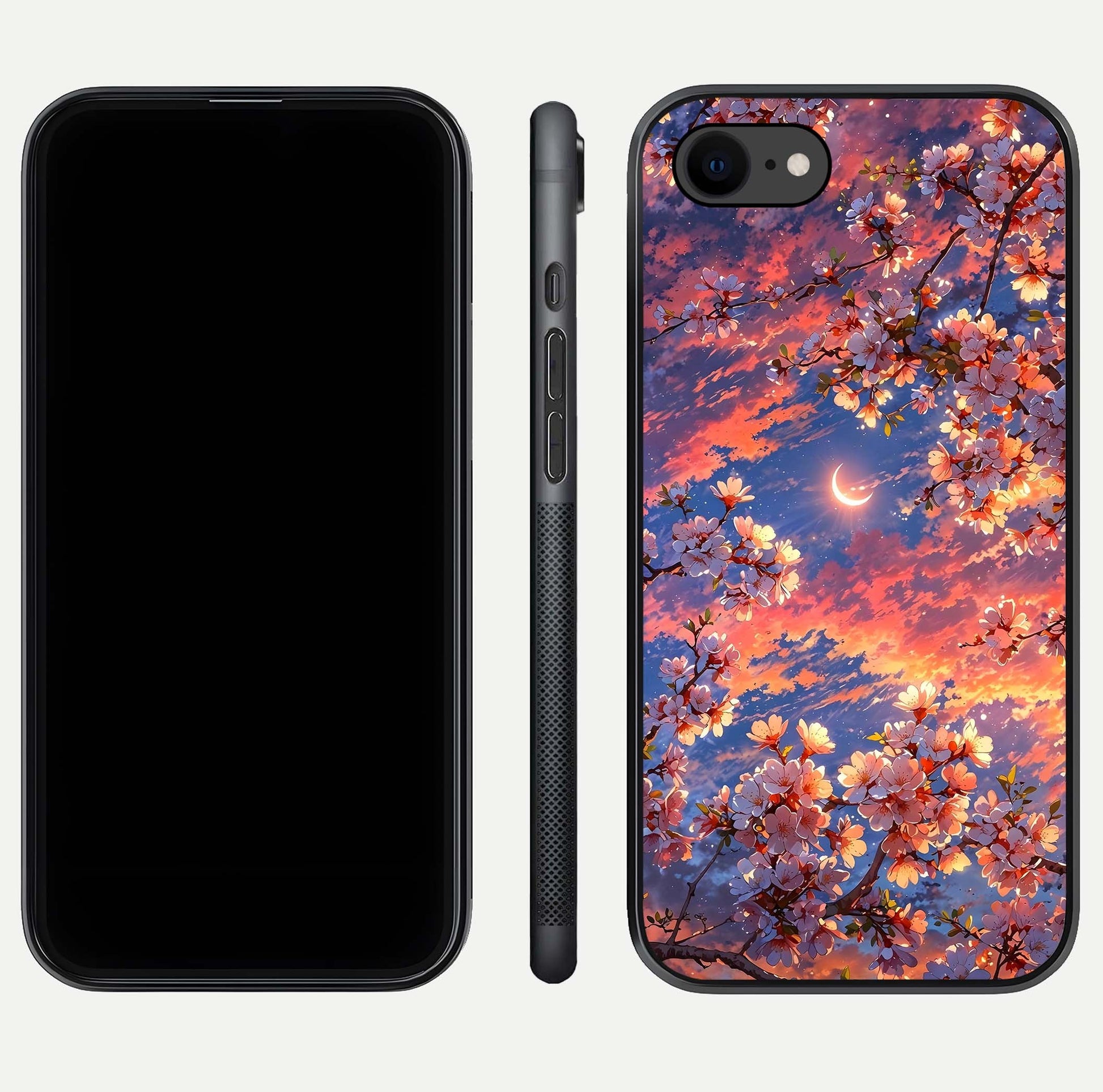 Celestial Sakura Sunset Glass Case for iPhone 8 dual-view layout showing floral gradient and reflection polish