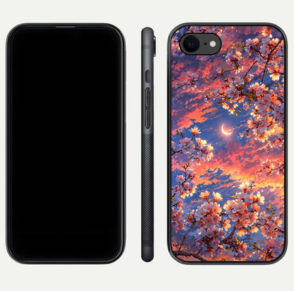 Celestial Sakura Sunset Glass Case for iPhone 8 dual-view layout showing floral gradient and reflection polish