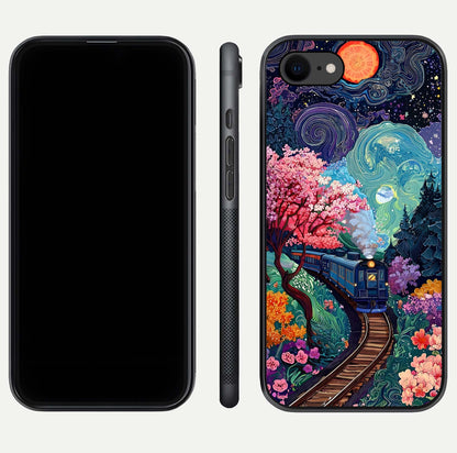Celestial Train Journey Glass Case for iPhone 8 dual-view layout showing cosmic art balance and curved glass edges