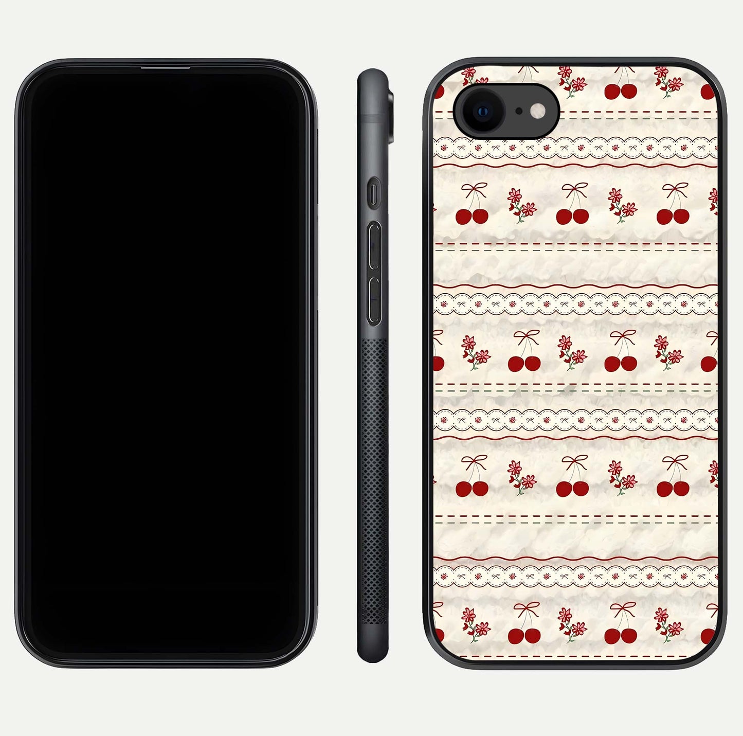 Cherry Bloom Charm Glass Case for iPhone 8 front-and-back layout displaying floral art and smooth finish