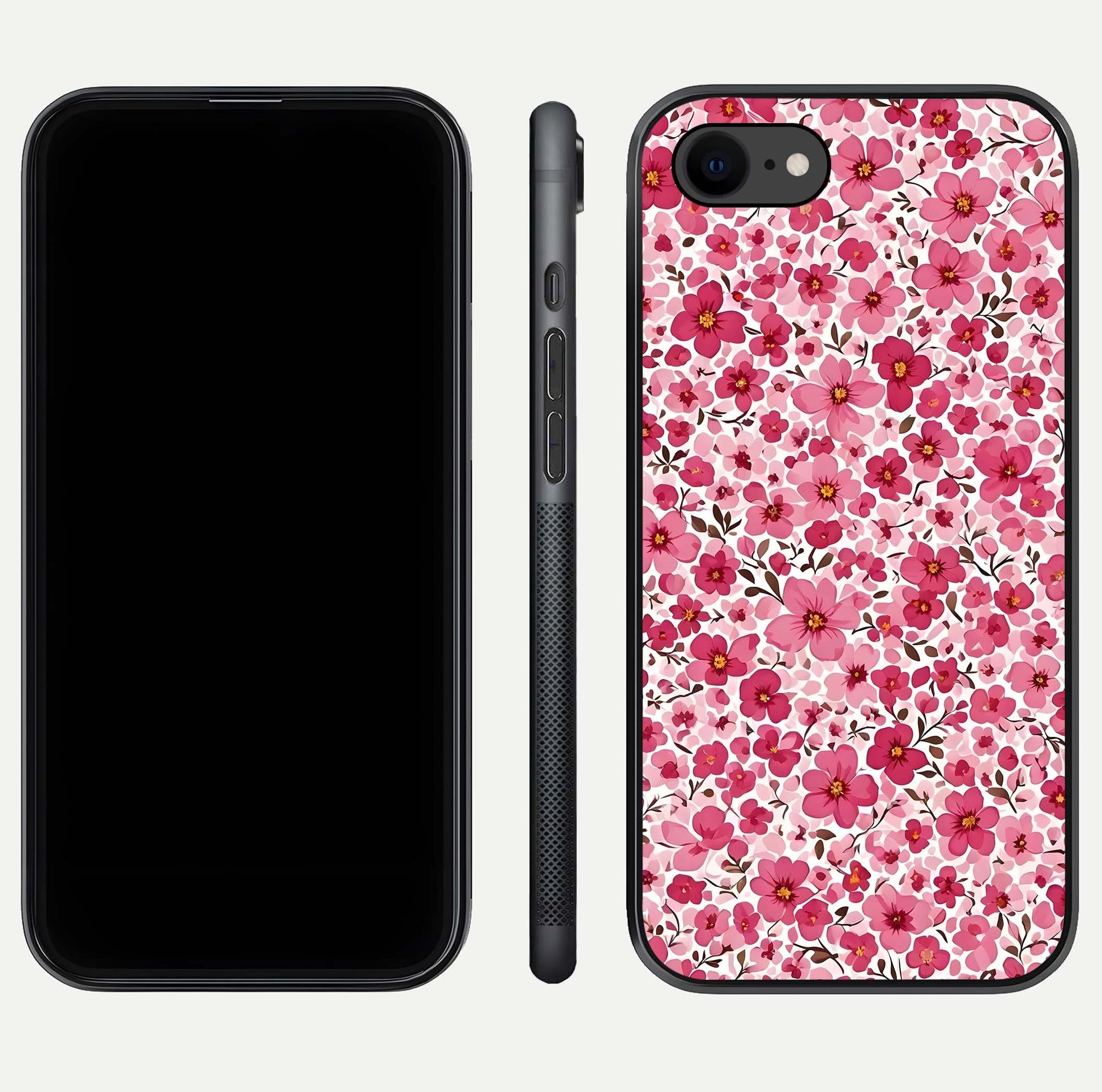 Cherry Blossom Charm Glass Case for iPhone 8 dual-view layout showing elegant floral balance and HD gloss