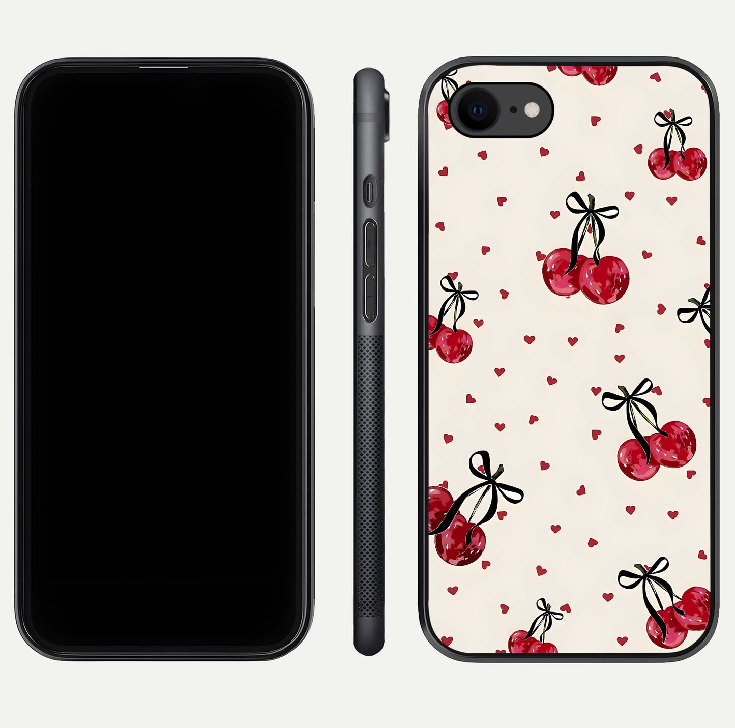 Cherry Heart Bow Glass Case for iPhone 8 front-and-back view showing design clarity and edge protection