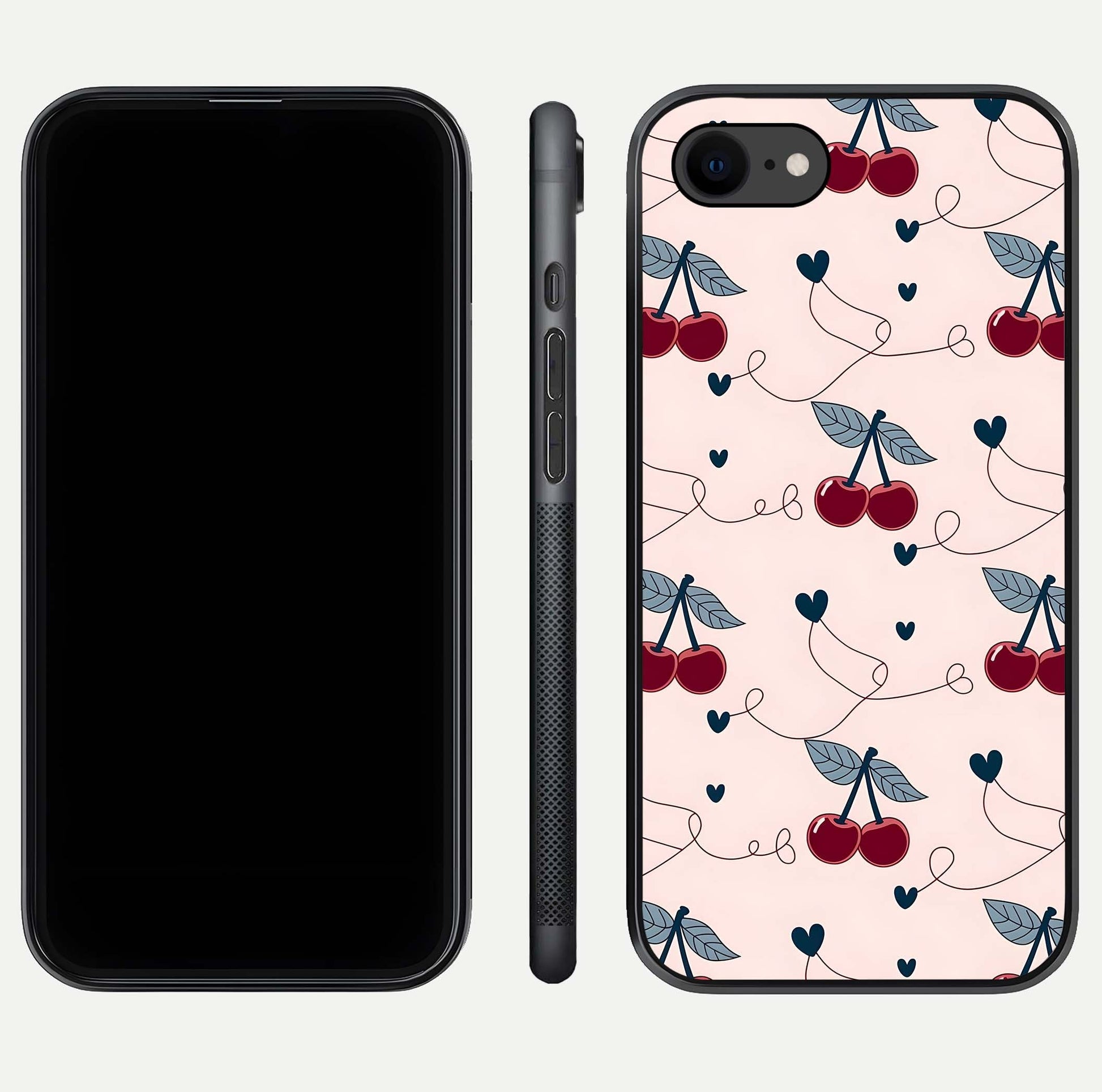 Cherry Heart Line Glass Case for iPhone 8 dual-view layout displaying minimal cherry motif and edge design