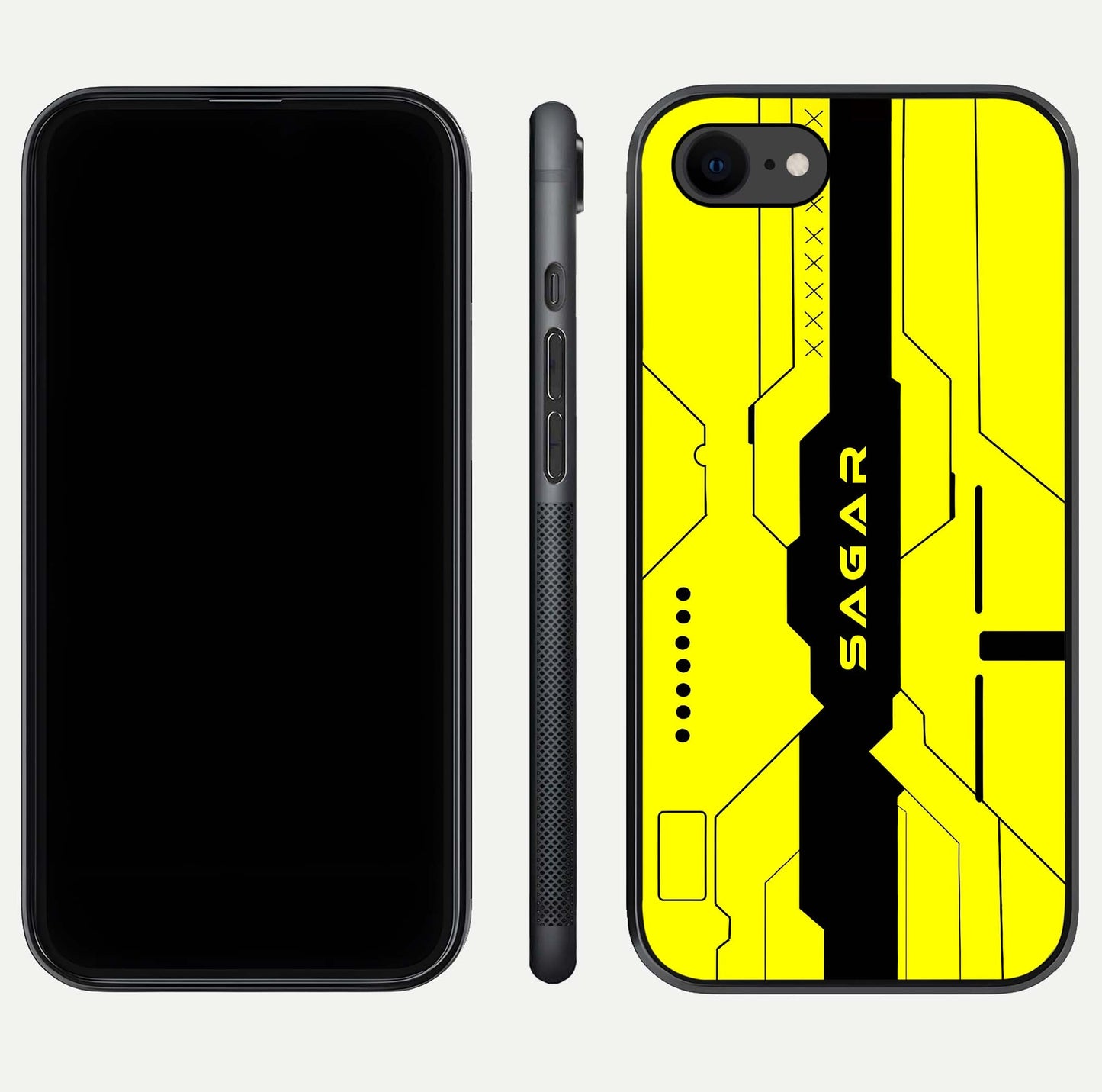 Circuit CYBERPUNK Custom Name Glass Case for iPhone 8 dual-view layout showing bold tech art and edge clarity