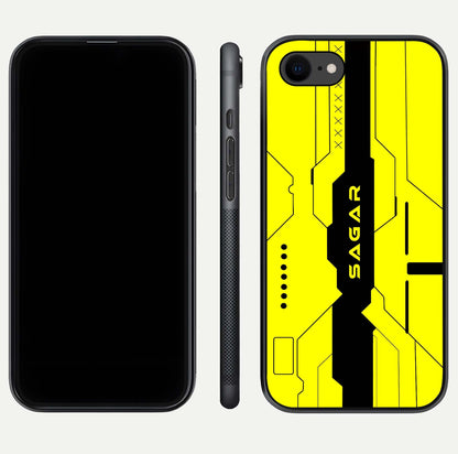 Circuit CYBERPUNK Custom Name Glass Case for iPhone 8 dual-view layout showing bold tech art and edge clarity