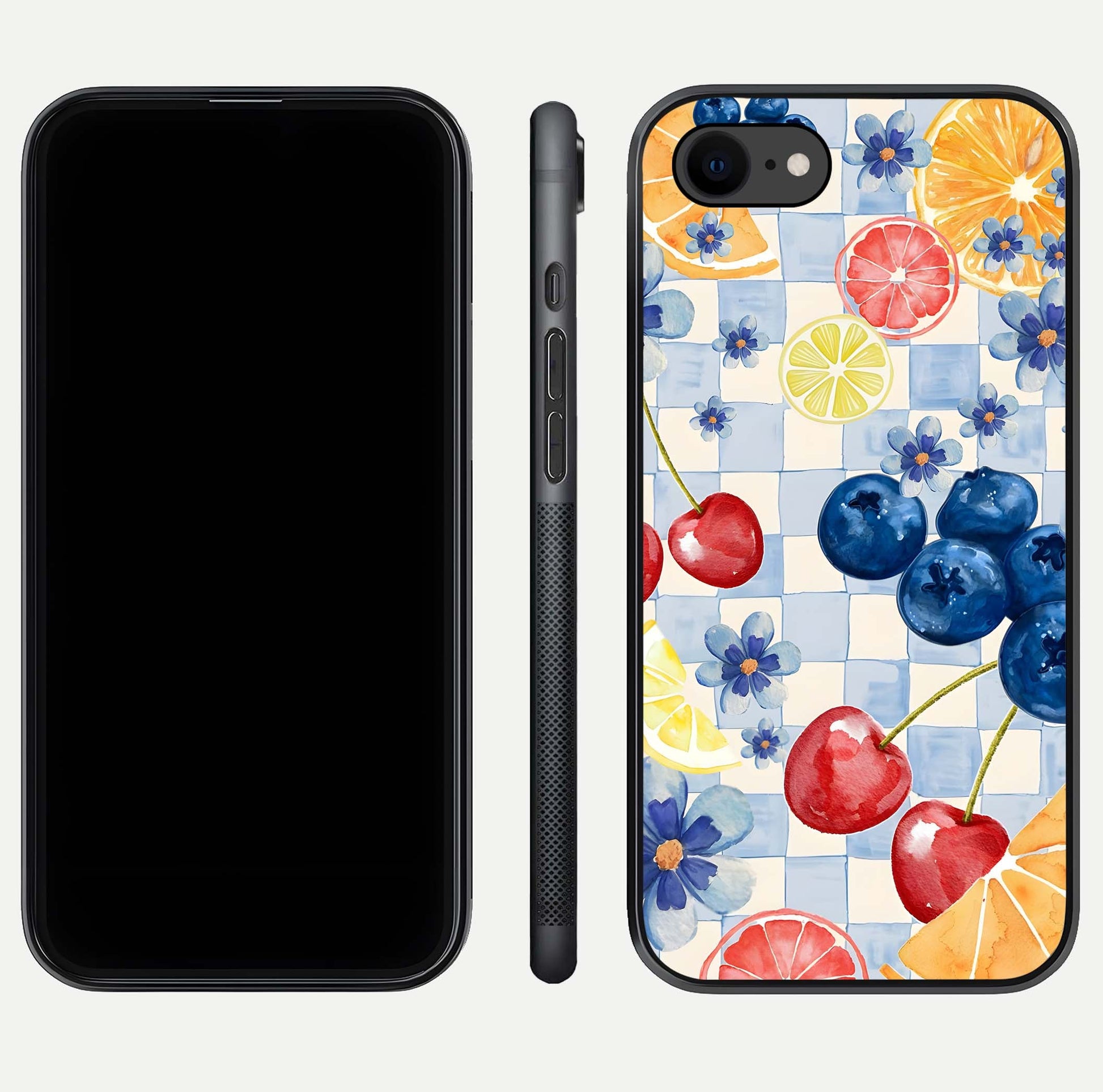 Citrus Bloom Joy Glass Case for iPhone 8 dual-view layout displaying colorful print and smooth edges