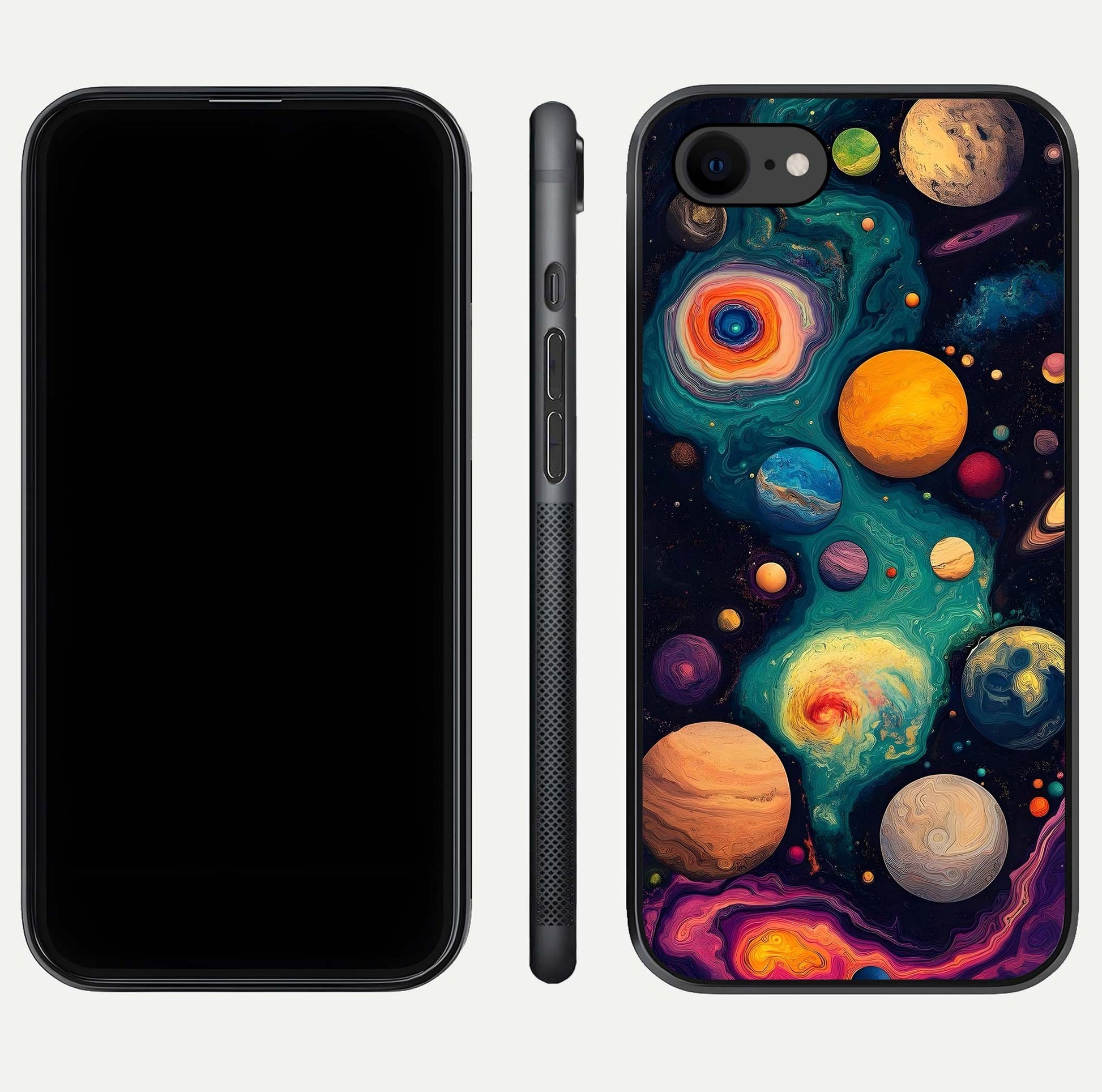 Cosmic Planet Journey Glass Case for iPhone 8 dual-view layout displaying colorful cosmic balance