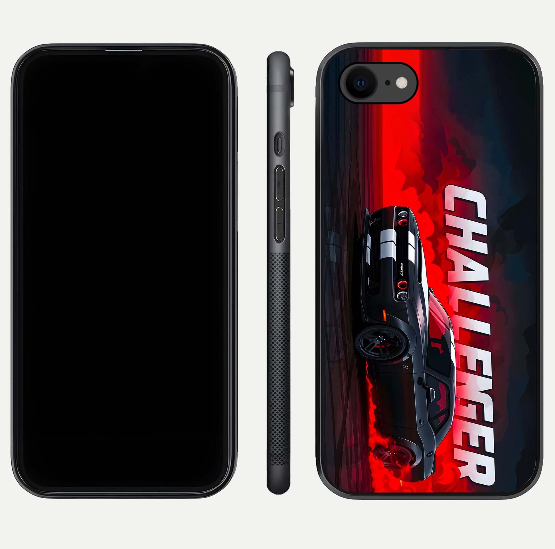 Crimson Challenger Fury Glass Case for iPhone 8 dual-view layout displaying bold tones and edge polish