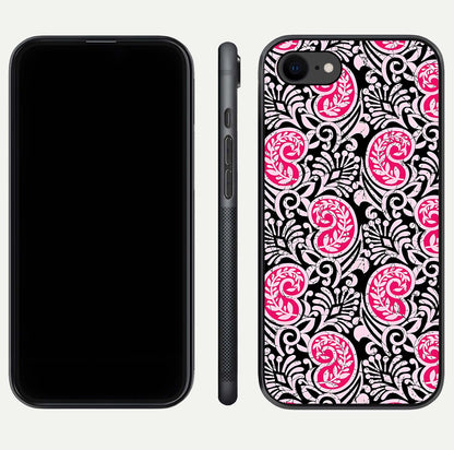Crimson Paisley Charm Glass Case for iPhone 8 dual-view layout displaying HD print and curved polish