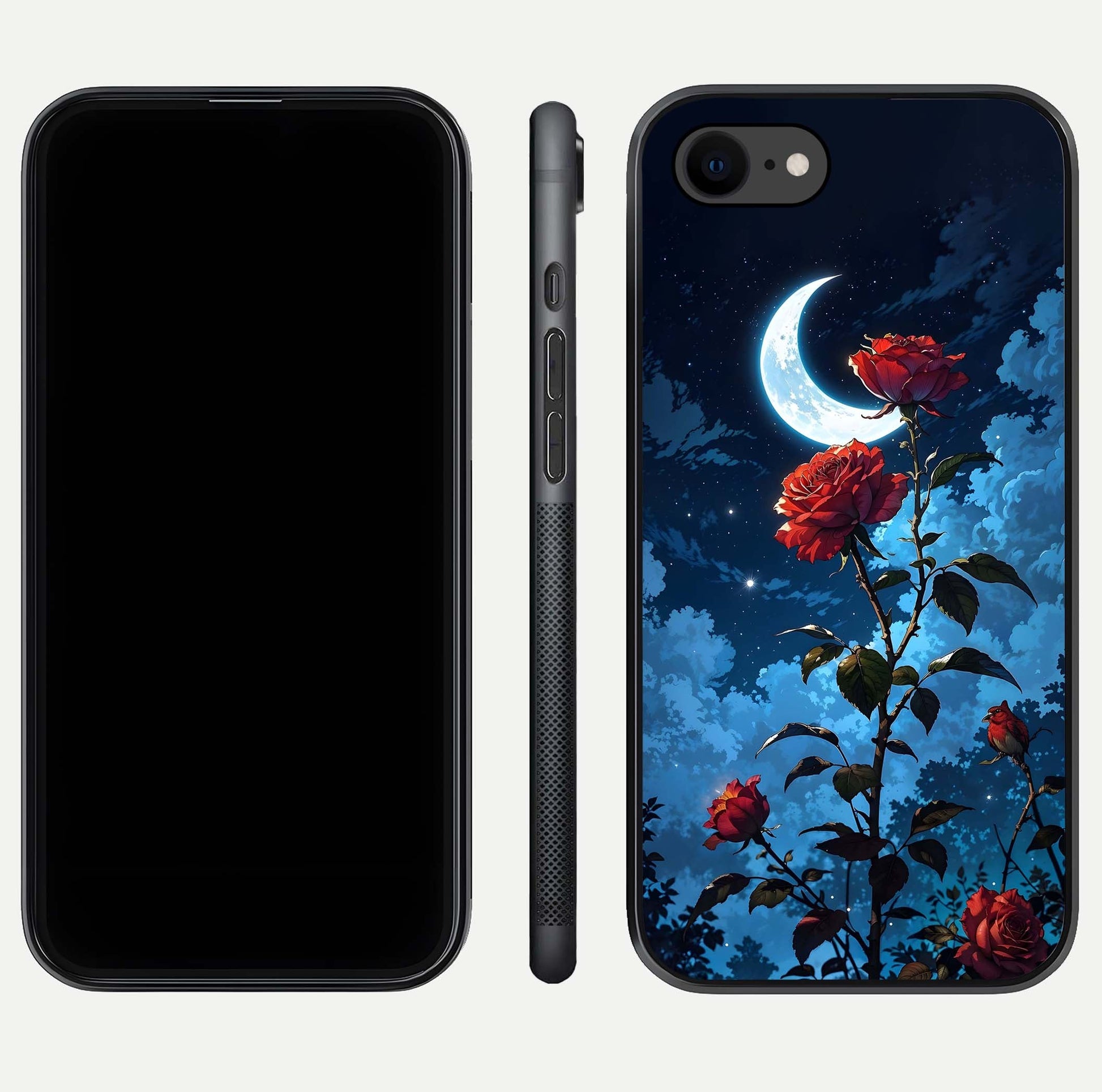 Crimson Rose Moon Glass Case for iPhone 8 dual-view layout displaying red tones and soft gloss