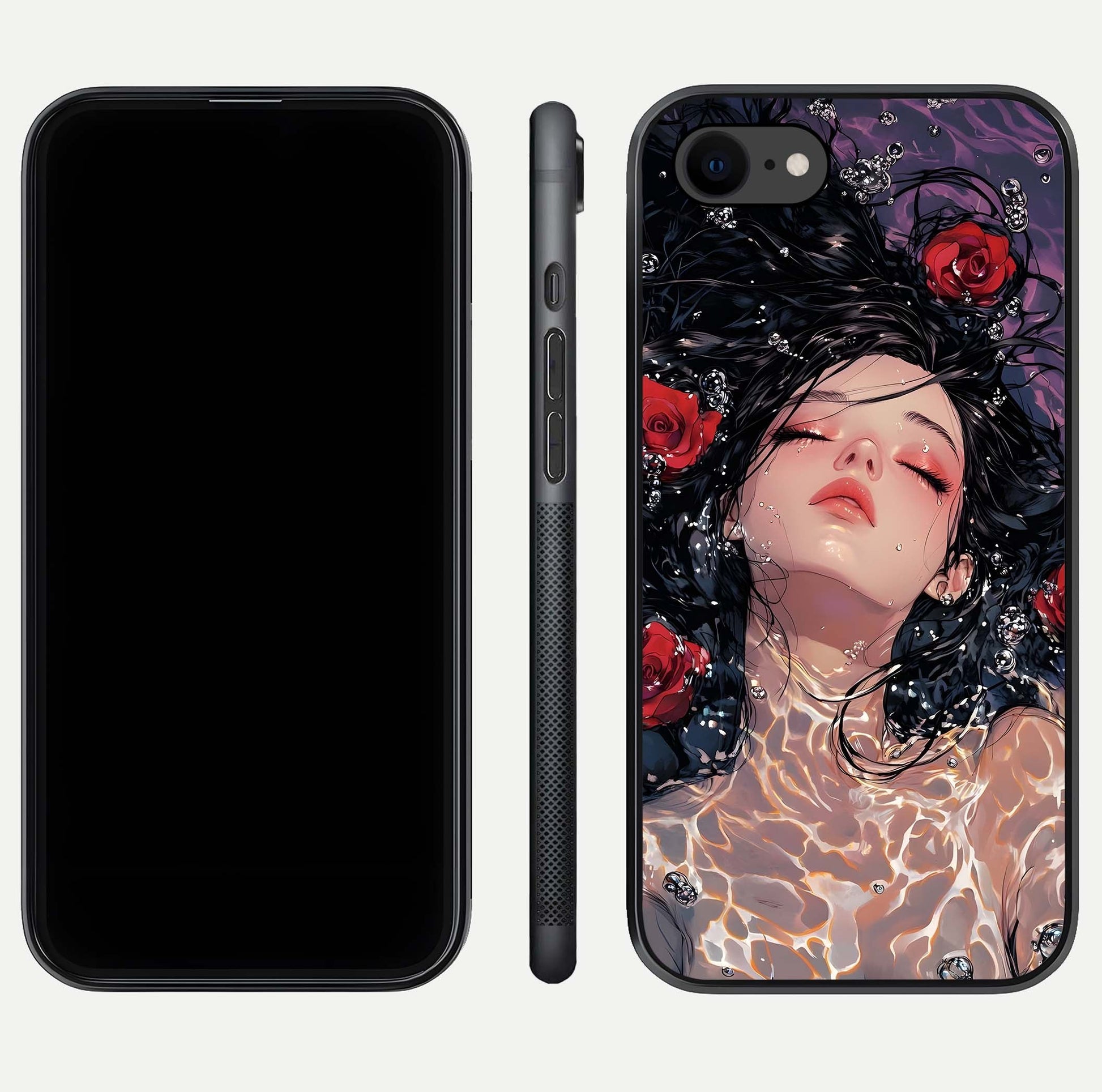 Crimson Rose Serenity Glass Case for iPhone 8 dual-view layout displaying serenity tones and curved glass