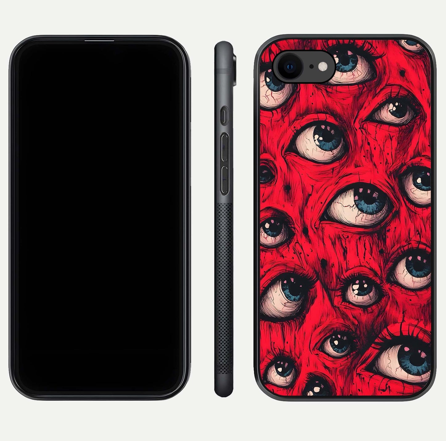 Crimson Watch Eyes Glass Case for iPhone 8 dual-view layout displaying abstract tones and curved edges