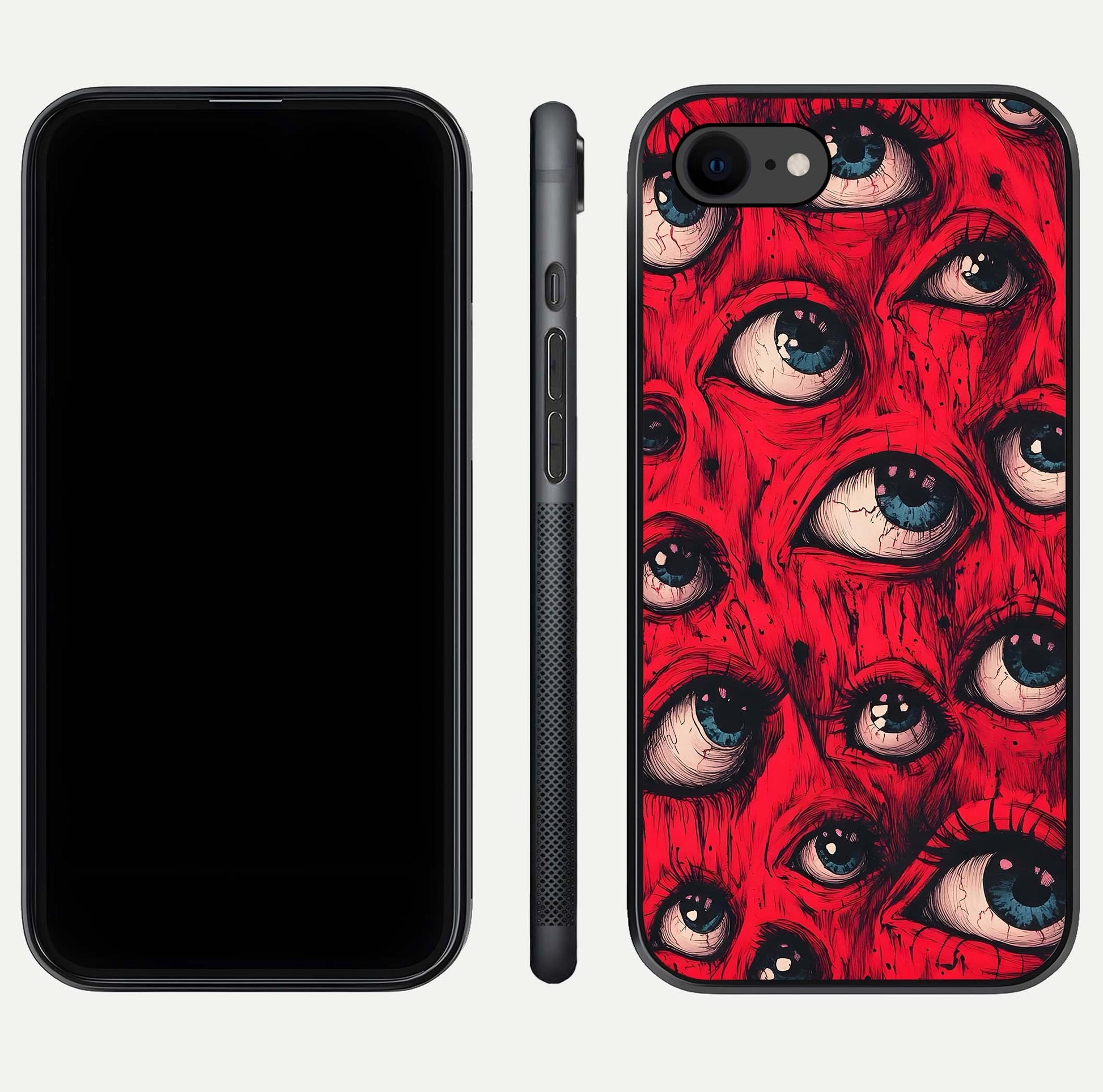 Crimson Watch Eyes Glass Case for iPhone 8 dual-view layout displaying abstract tones and curved edges