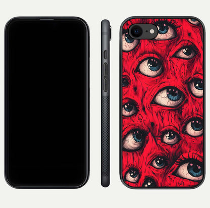 Crimson Watch Eyes Glass Case for iPhone 8 dual-view layout displaying abstract tones and curved edges
